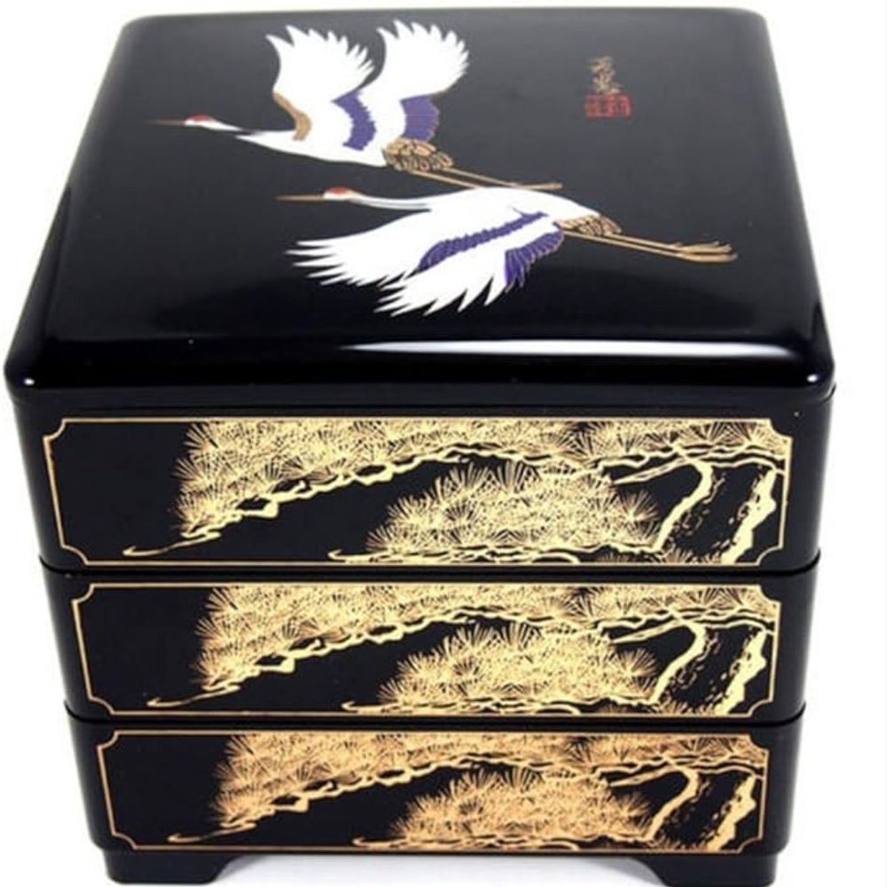 *SOLD* Japanese Three Tier Jubako Bento Box, Black & Gold with Crane & Tree